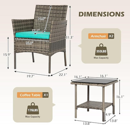 FDW 3 Piece Outdoor Furniture Set Patio Gray Wicker Chairs Furniture Bistro Conversation Set 2 Rattan Chairs with Blue Cushions and Glass Coffee Table for Porch Lawn Garden Balcony Backyard
