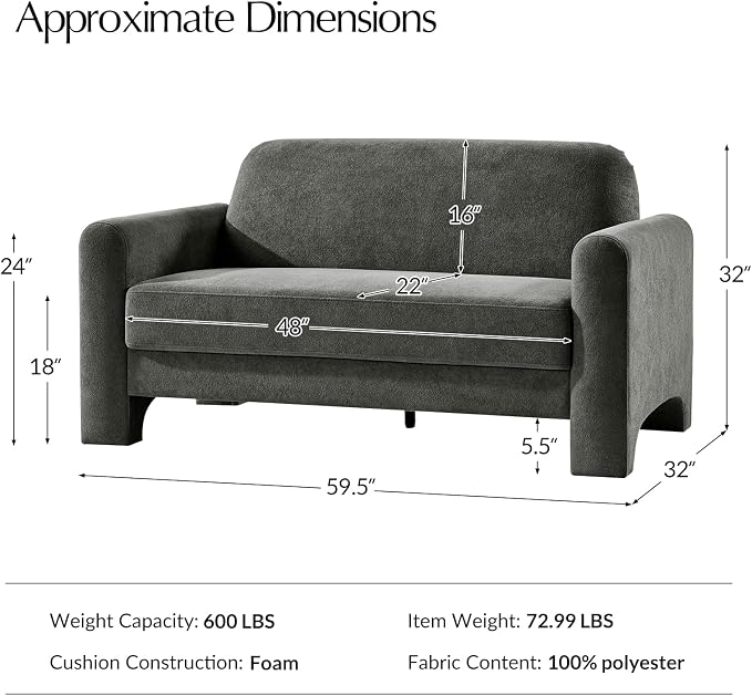 HULALA HOME 60" Modern Curved Loveseat Sofa, Comfy Chenille Couch Small Love Seat with Wrapped Armrests, 2 Seater Sofa for Living Room, Easy Assembly, Grey