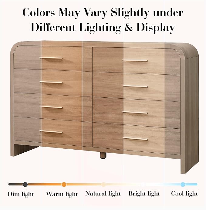 Curved 8 Drawer Dresser for Bedroom, 53.82'' Wide Chest of Drawers, Modern Storage Cabinet for Hallway & Living Room TV Stand, FSC Certified 1.18" Thick Board, 100 lbs Top Weight, Oak