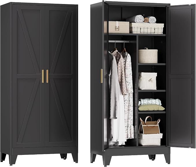 YAUWOH Farmhouse Wardrobe Cabinet,Metal Wardrobe Closet with Hanging Rod,Metal Armoire with Adjustable Shelves for Bedroom,Cloak Room,Office (Black)