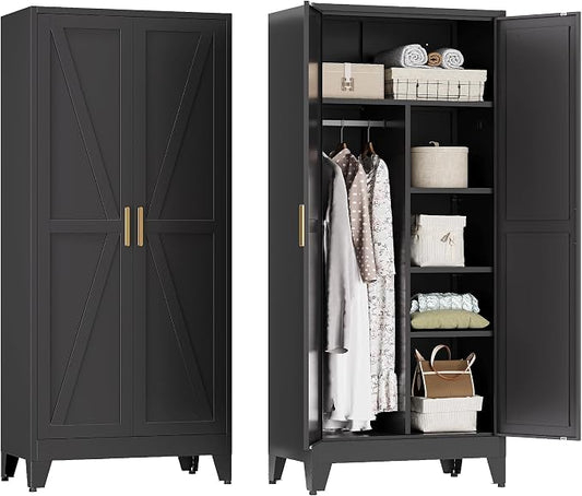 YAUWOH Farmhouse Wardrobe Cabinet,Metal Wardrobe Closet with Hanging Rod,Metal Armoire with Adjustable Shelves for Bedroom,Cloak Room,Office (Black)