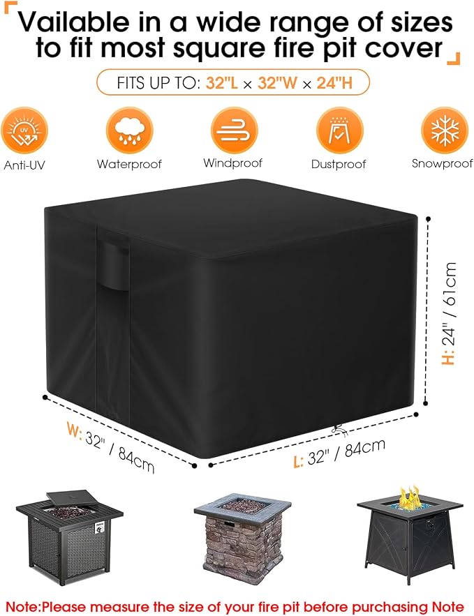 POMER Fire Pit Cover Square 32x32x24, Waterproof and Anti-UV Heavy Duty Oxford Fabric Outdoor Fireplace Cover for 28/30/32 in Gas Fire Table
