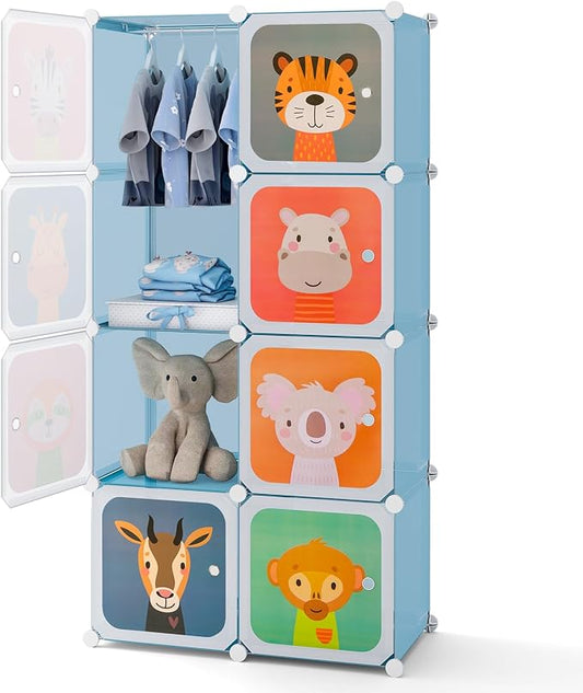 HONEY JOY Kids Wardrobe Closet, Baby Cartoon Clothes Storage Organizer, 8 Cubes & 2 Hanging Sections, Portable Children DIY Modular Bedroom Armoire Dresser Cabinet for Boys Girls (Blue, 8-Cube)