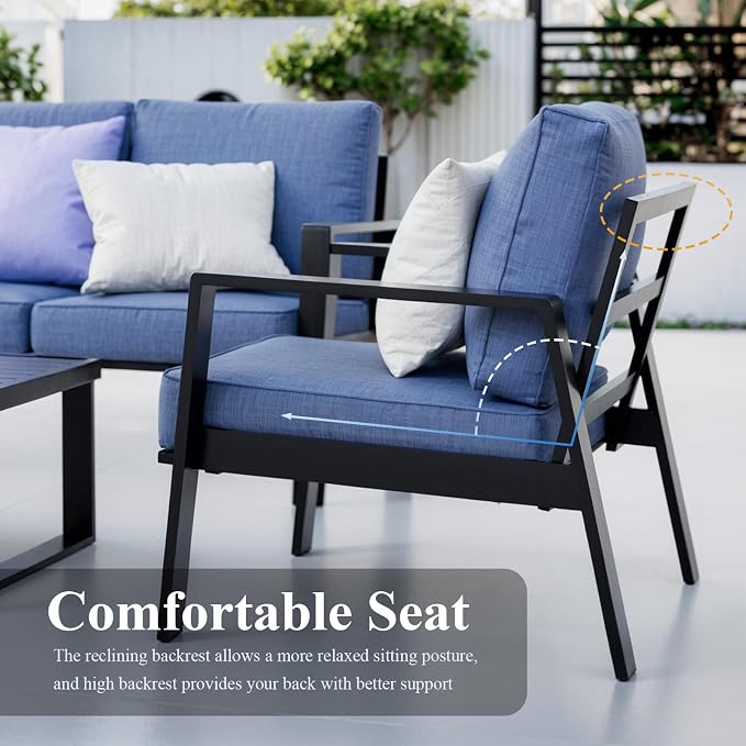 Aluminum Outdoor Loveseat, Oversized Patio Couch, Modern Sofa All Weather Metal Furniture Set with 5" Cushions (Black/Blue)