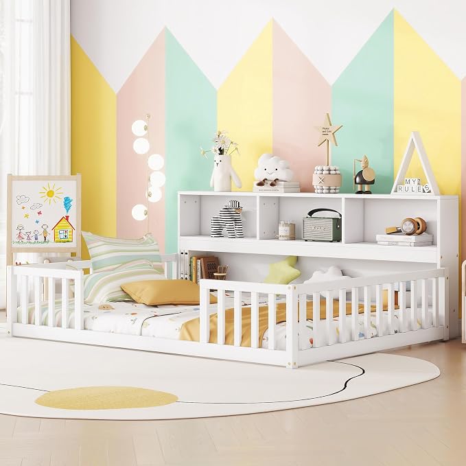 Bellemave Kids Montessori Floor Bed,Full Size Floor Bed with Bookcase and Shelves,Full Bed Frame with Guardrails for Kids,Girls,Boys,Full,White