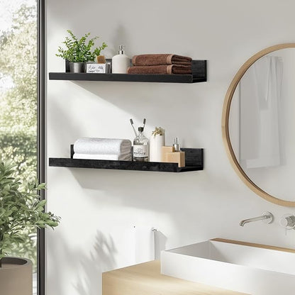 Muzilife 16" Floating Wall Ledge Shelves with Lip - Set of 2 Wood Floating Shelves - Black Wall Mounted Picture Ledge for Office, Bathroom, Bedroom, Living Room, Kitchen