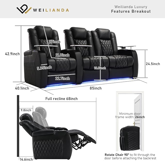 Weilianda Home Theater Seating Top Grain Leather Zero Gravity Recliner Chair Power Headrest Recline Movie Seat Gaming 7 Colors Mood Light Sofa with Tray Table USB Charge Row of 3 Loveseat Right Black