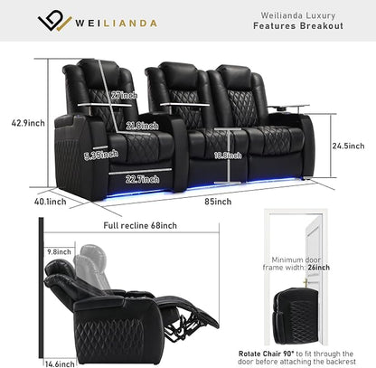 Weilianda Home Theater Seating Top Grain Leather Zero Gravity Recliner Chair Power Headrest Recline Movie Seat Gaming 7 Colors Mood Light Sofa with Tray Table USB Charge Row of 3 Loveseat Right Black