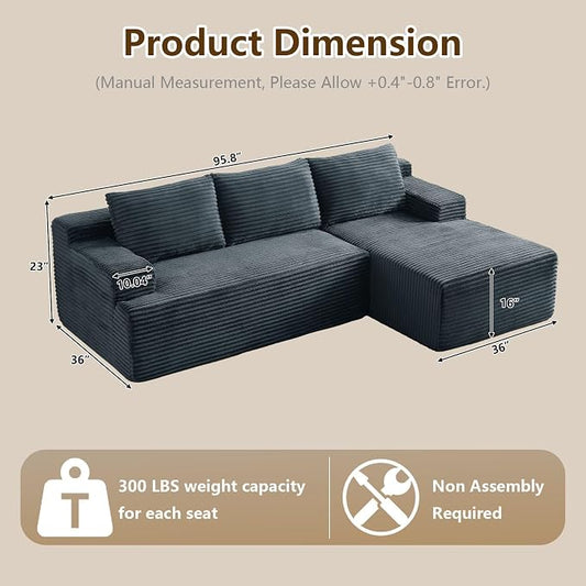 96.1" Modular Sectional Sofa Couches L-Shape Couch 3 Seat Modular Sofa Corduroy Memory Foam Sectional Boneless Couches for Living Room, Cloud Couch with Oversized Chaise(Dark Gray, Right Facing)