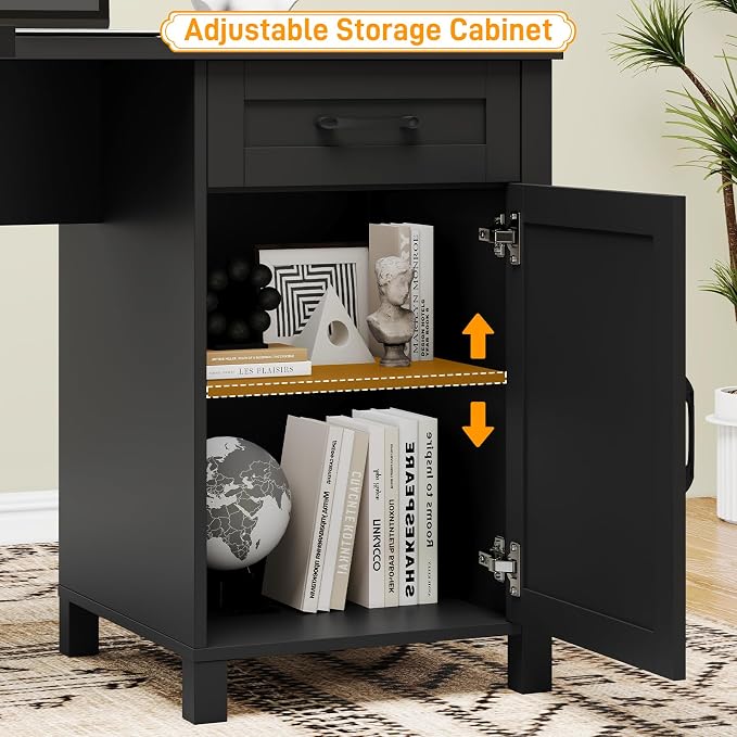 Halitaa 59” L Shaped Executive Desk with Power Outlets, Farmhouse Home Office Desk with File Drawer,Storage Cabinet, Wood Corner Sturdy Writing Workstation.Black