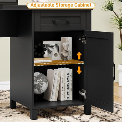 Halitaa 59” L Shaped Executive Desk with Power Outlets, Farmhouse Home Office Desk with File Drawer,Storage Cabinet, Wood Corner Sturdy Writing Workstation.Black