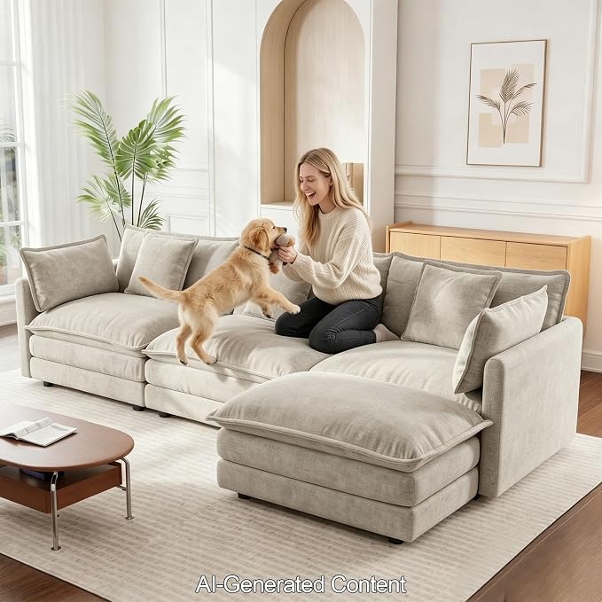 GNIXUU Modular Sectional Sofa, 111.5“ Chenille L Shaped Cloud Sectional Couch with Movable Ottoman & Deep Seat, 4 Seat Couches with 5 Pillows for Living Room, Apartment, Office, Camel