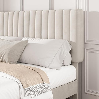 King Size Platform Bed Frame with Vertical Channel Tufted Headboard, No Box Spring Needed, Noise-Free, Easy Assembly, Beige Velvet