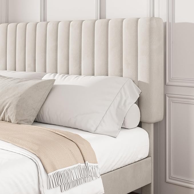 Full Size Platform Bed Frame with Vertical Channel Tufted Headboard, No Box Spring Needed, Noise-Free, Easy Assembly, Beige Velvet