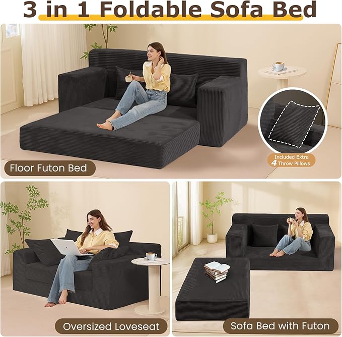 cidludto Convertible Sofa Bed, Boneless Loveseat Folding Couch Bed Foldable - 3 in 1 Small Ccouch & Futon Sofa Bed, Corduroy Pull Out Couch with 4 Pillows for Living Room, Black
