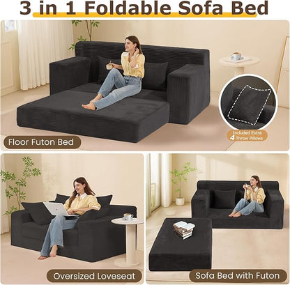 cidludto Convertible Sofa Bed, Boneless Loveseat Folding Couch Bed Foldable - 3 in 1 Small Ccouch & Futon Sofa Bed, Corduroy Pull Out Couch with 4 Pillows for Living Room, Black
