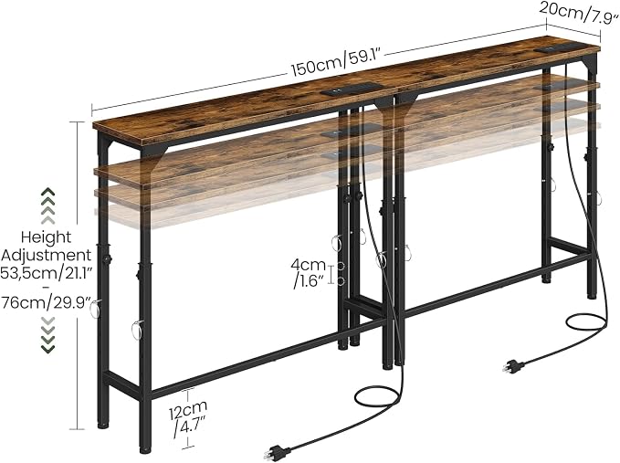 CHOEZON 59.1" Narrow Console Table with Adjustable Height (21.1"-29.9"), Set of 2, Behind Couch Table, Entryway Table with Power Outlet, Sofa Table for Entryway, Rustic Brown and Black TXG10UP2BF