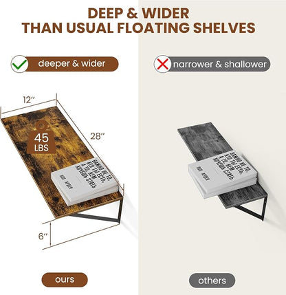 Heimlove Deep Floating Shelves for Wall, 28W x 12D Wood Wall Shelves Set of 2, Wide Floating Bookshelf for Living Room, Kitchen, Office, Bedroom and Decor Storage, with Metal Bracket - Rustic Brown