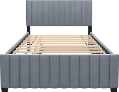 Bellemave Full Bed Frame with Trundle Bed,Velvet Upholstered Platform Bed Frame,Full Size Trundle Bed with Headboard for Kids Teens Adults(Gray)