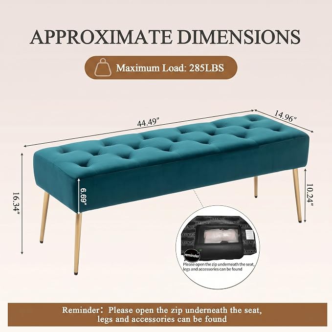DUHOME Modern Velvet Bench Ottoman, Upholstered Bedroom Benches Footrest Stool Button-Tufted Table Bench Dining Bench with Gold Metal Base for Entryway Dining Room Living Room Bedroom, Atrovirens