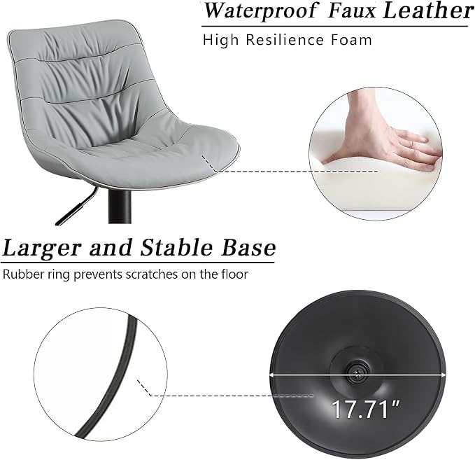 Kidol & Shellder Adjustable Bar Stools Set of 2, Faux Leather Counter Height BarStools with Back, Modern Mid Century Upholstered Bar stools for Kitchen Island Gray