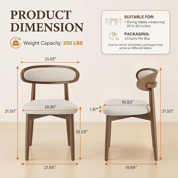 Wooden Dining Chairs Set of 2, Modern Fabric Upholstered Dining Room Chair, Kitchen Side Chairs, Farmhouse Dinner Chair with Curved Back for Kitchen, Beige