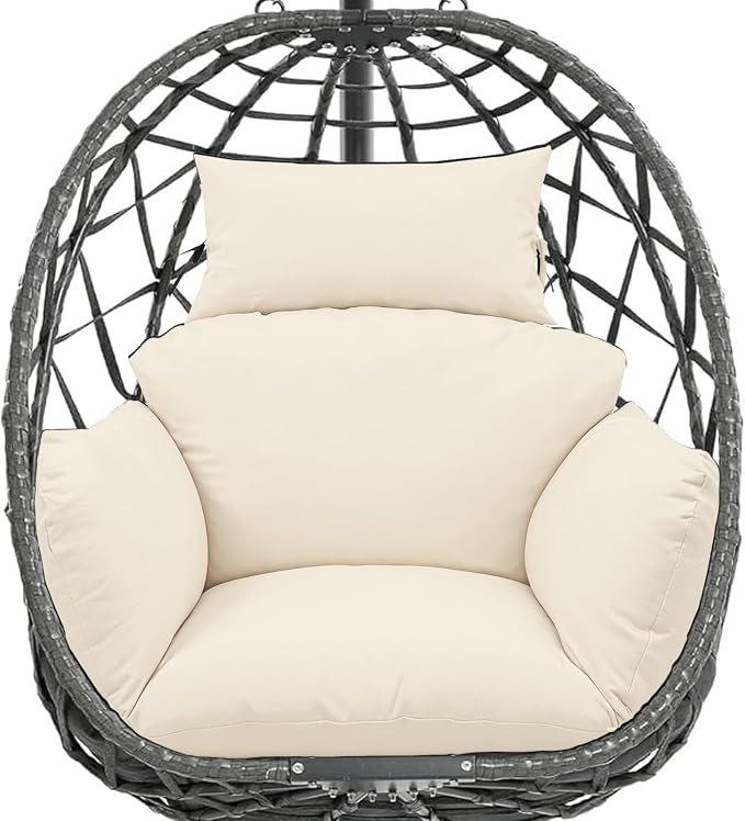Egg Chair Cushion Replacement, Waterproof Thicken Hanging Egg Swing Chair Cushion for Outdoor Furniture, Wicker Rattan Hammock Basket Cushion with Headrest Pillow 47x31.5x4.7 inch(Cream)