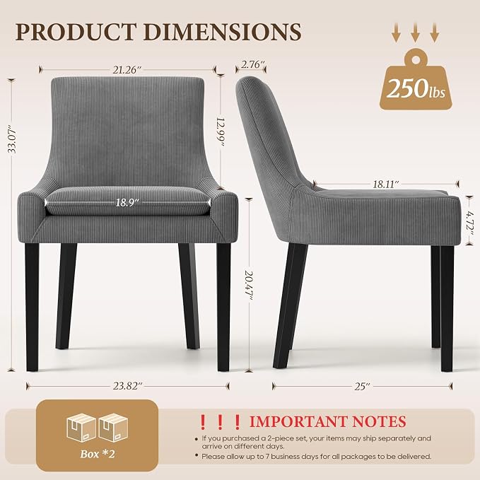 Modern Dining Room Chairs Set of 4 with Mid Back and Wood Legs, Upholstered Kitchen Chairs for Dining Room/Living Room, Dark Grey