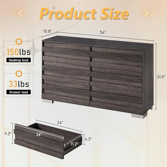 LUXOAK 2 Pcs Bedroom Furniture Sets - Includes 1 X Farmhouse 6 Drawers Dresser, 1X Farmhouse King Size Bed Frame with 49" Tall Headboard, Wooden Platform Bed with Hidden Metal Bed Frame, Rustic Grey