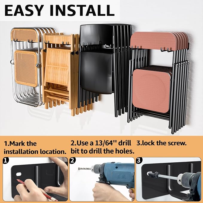 YYR Folding Chair Storage Rack, Garden Tool & Foldable Chairs Organizer Hangers for Garage Organization, Lawn, Beach, Camping, Yard Chairs Hooks Wall Mount, Soild Metal Max Load 480 LBS - 4 Pack