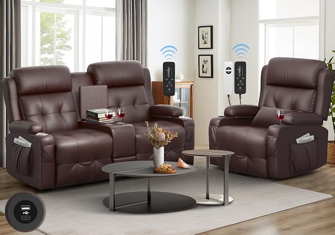 Reclining Loveseat, Massage Loveseat Recliner Sofa Heavy Weight Capacity, RV Love Seat Chair Clearance with Console, USB, Type C Port, Storage, Cup Holders, Wall Hugger Couch (Brown, 2+1)