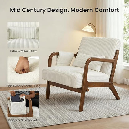 DUMOS Mid Century Modern Accent Chair, Upholstered Armchair with Lumbar Pillow and Solid Wood Frame, Comfy Reading Chair for Small Living Room, Bedroom, Guest Room, Beige