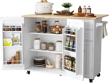 HLR Kitchen Island with Storage, White Rolling Kitchen Island on Wheels with Drop-Leaf Bar Countertop, Island Table for Kitchen with Side Open Spice Rack and Tower Rack, Extra Storage for Kitchen