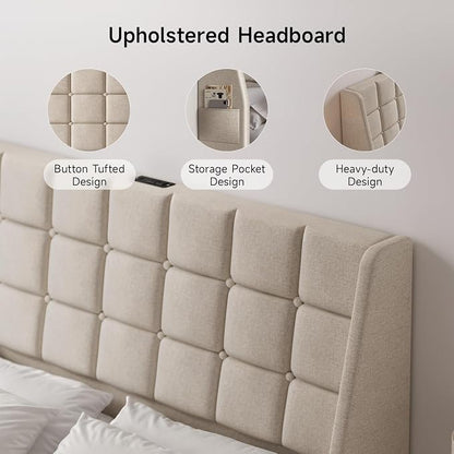 Ergonomic Upholstered Headboard Queen Size w/Charging Station, Linen Wingback Headboards w/Storage Pocket, Queen Headboard Only, Bed Frame Adapters, Sturdy Stable Solid Wood Bed Head Board, Beige