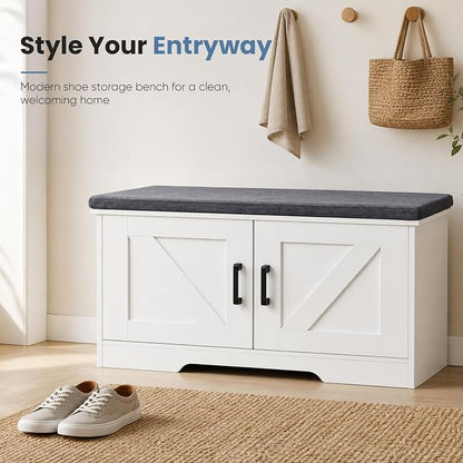 NEWBULIG Shoe Storage Bench for Entryway with Cushion, 39.4IN, White | Shoe Organizer Cabinet with Padded Cushion and Doors, Adjustable Shelves, Shoes Bench for Hallway, Mudroom, Bedroom