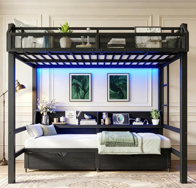 Bellemave Bunk Bed Twin Over Twin, Metal Bunk beds with Storage Shelves and Drawers USB Ports and LED Lights, Lower Bed that can be Converted into a Sofa, Black