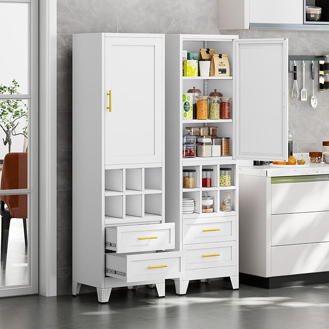Metal Tall Narrow Storage Cabinet, Freestanding Floor Cabinet with Drawers and Adjustable Shelves, Pantry Storage Cabinets for Bathroom, Living Room, Entryway and Kitchen,White
