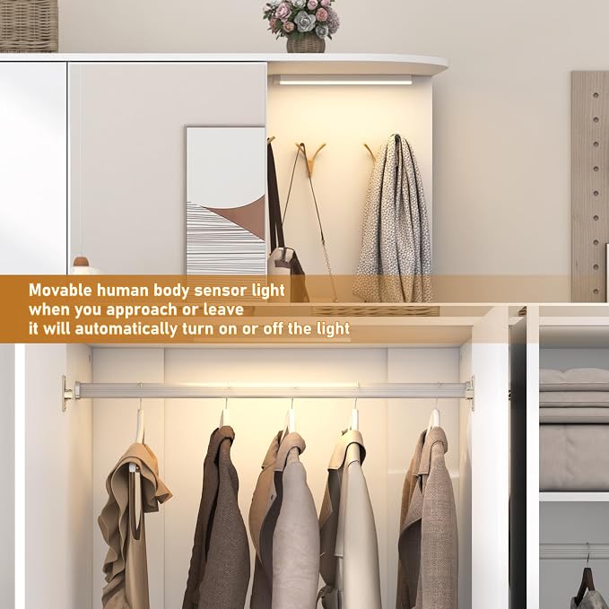 XVD Armoire Wardrobe Closet with Mirror & Sensor Light, Bedroom Armoire with 5 Doors & 2 Drawers, Modern Wooden Large Wardrobe Closet with Shelves, 4 Metal Hooks, 2 Hanging Roods, Open Space, White
