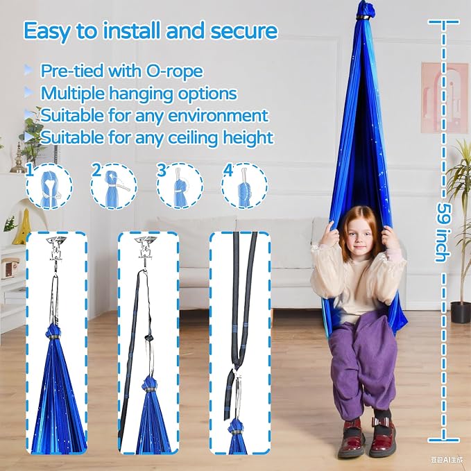 Sensory Swing for Kids and Adults Indoor & Outdoor Double Layer Therapy Cuddle Holds up to 300lbs Adjustable Swing Hammock Chair with 360° Swivel Hanger Kit Effect for Aspergers Autism ADHD(Star Blue)