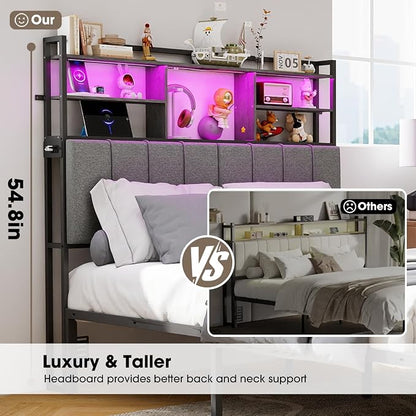 54.8" Tall King Size Headboard with 3-Tier Storage Shelves, Linen Upholstered Head Board with USB & Type C Port & LED Light, Soft Backrest for King Size Bed,Sturdy Headboard Only