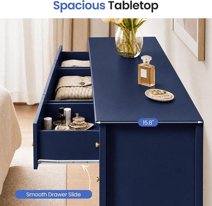 RoyalCraft Fluted Dresser for Bedroom with 9 Drawers, 59" Wide Painted Wooden Chest of Drawers, Modern TV Stand Storage Cabinet for Living Room, Hallway, Blue
