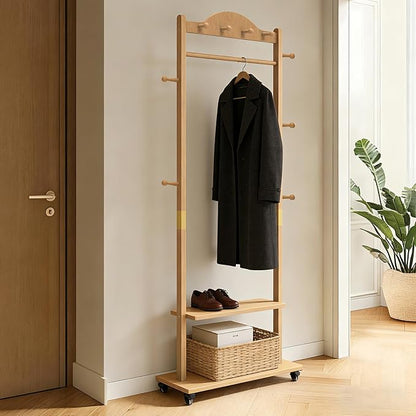 Wood Clothes Rack with Storage, 2 Shelves, 9 Hooks, Garment Rack with wheels, Coat Rack Freestanding, Clothing Rack Heavy Duty Hall Tree for Living Room Hallway,835 Natural
