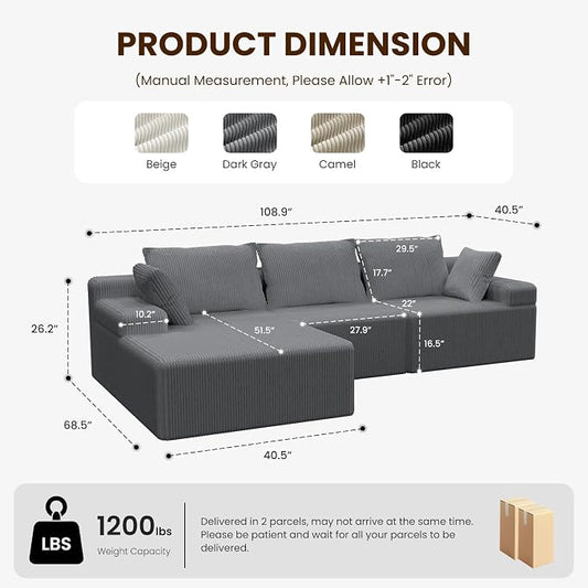 kinmars 108" Boneless Sectional Couch,Corduroy Cloud Couch Sectional for Living Room,Modern L Shaped Modular Sectional Couch,3 Seater Sofa (Dark Gray, 108.9" L Shaped with Left Facing Chaise)