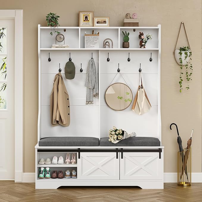 UPOSOJA Hall Tree with Bench and Shoe Storage, Entryway Bench with Coat Rack, Modern Farm House Barn Door 3-in-1 Hall Tree with Storage Cushioned Stool and Hooks for Hallway, Living Room (60IN)