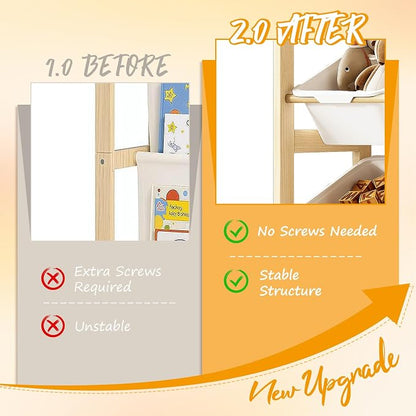 EXPERLAM Toy Storage Organizer with Bookshelf, Kids Toy Organizer and Storage Shelf with 12 White Bins, Solid Pine Wood Book Rack for Playroom, Nursery, Kids Room, Toys and Books