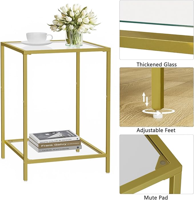 HOMSHO Side Tables Set of 2, End Table with Tempered Glass, 2-Tier Nightstands with Storage Shelves, Coffee Table with Modern Style, Square Sofa Table for Living Room, Bedroom, 15.7"D x 15.7"W, Gold