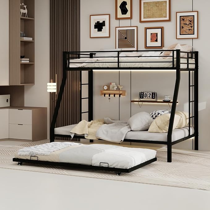 Metal Bunk Bed with Trundle, Space-Saving Bunk Bed Twin Over Full with Ladders and Safety Guardrail, Heavy Duty Twin Bed Frames, No Box Spring Needed and Noise Free(Black)