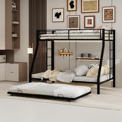 Metal Bunk Bed with Trundle, Space-Saving Bunk Bed Twin Over Full with Ladders and Safety Guardrail, Heavy Duty Twin Bed Frames, No Box Spring Needed and Noise Free(Black)