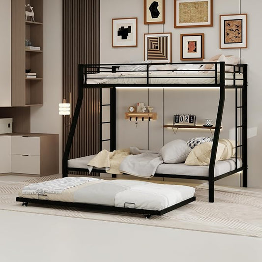 Metal Bunk Bed with Trundle, Space-Saving Bunk Bed Twin Over Full with Ladders and Safety Guardrail, Heavy Duty Twin Bed Frames, No Box Spring Needed and Noise Free(Black)