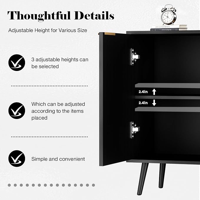 Set of 2 Fluted Storage Cabinet, Buffet Cabinet with Storage, Wood Sideboard with Adjustable Shelf, Modern Accent Cabinet & Console Table for Entryway, Living Room, Dining Room, Black